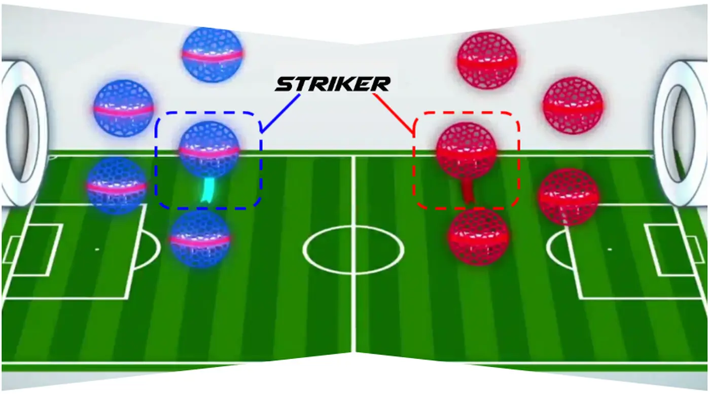 Illustration showing blue and red drone soccer teams with one designated striker on each side