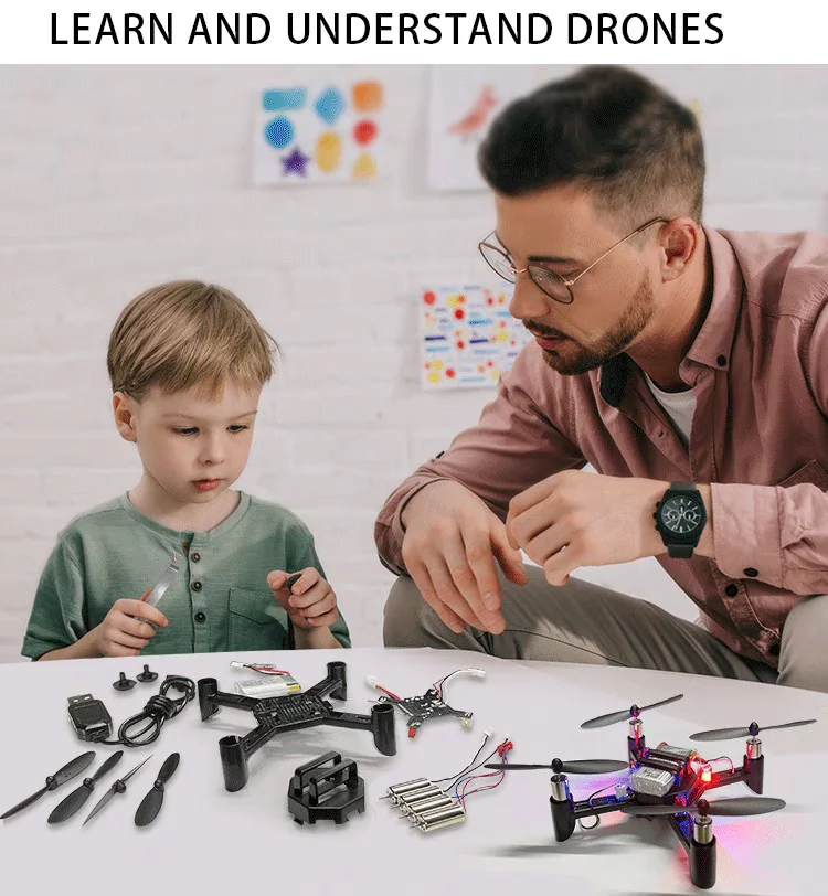 Adult instructor guiding a young learner through Mini STEM drone assembly