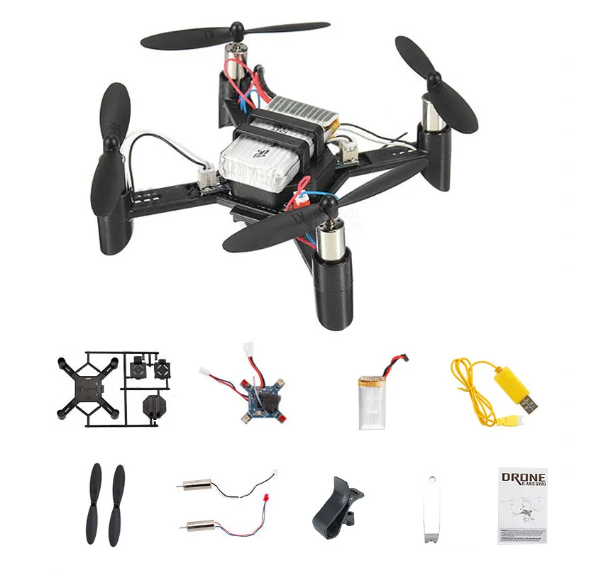 Complete Mini STEM Drone Kit with quadcopter, frame, electronics, motors, propellers, battery, charger and tools