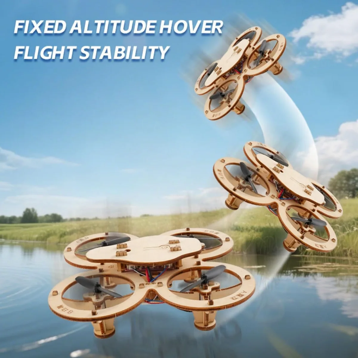 Wooden educational drone illustration demonstrating altitude-hold hovering