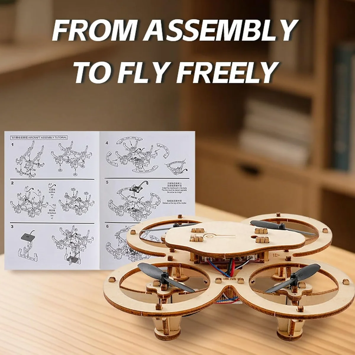 Wooden DIY Drone Kit beside illustrated step-by-step assembly instructions