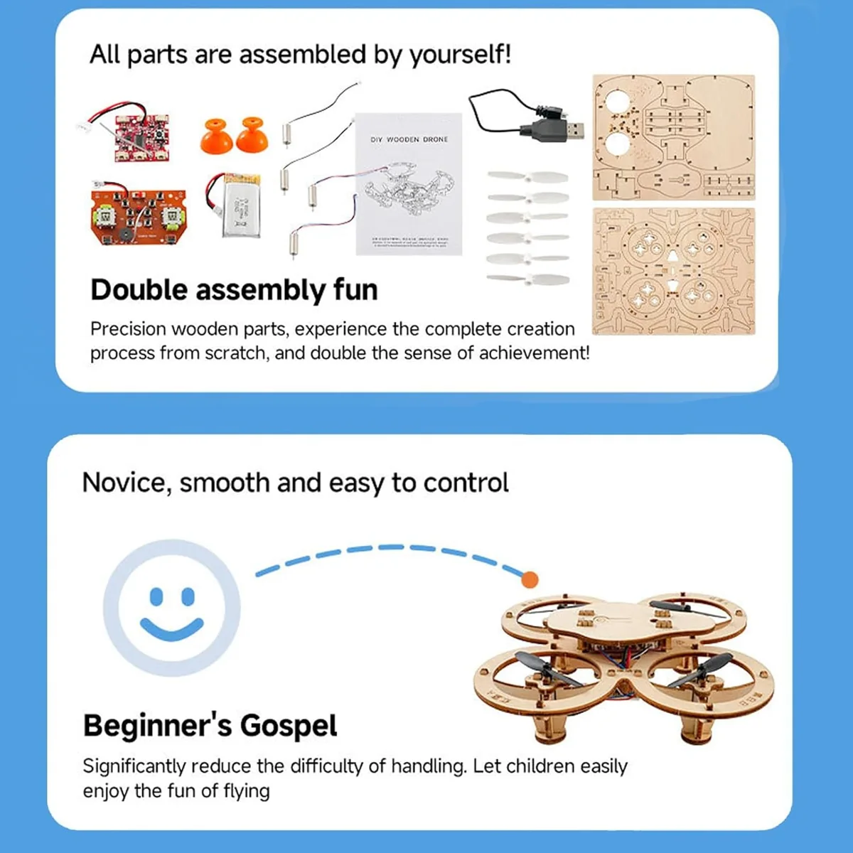 Wooden DIY Drone Kit components arranged on a table with assembly instructions