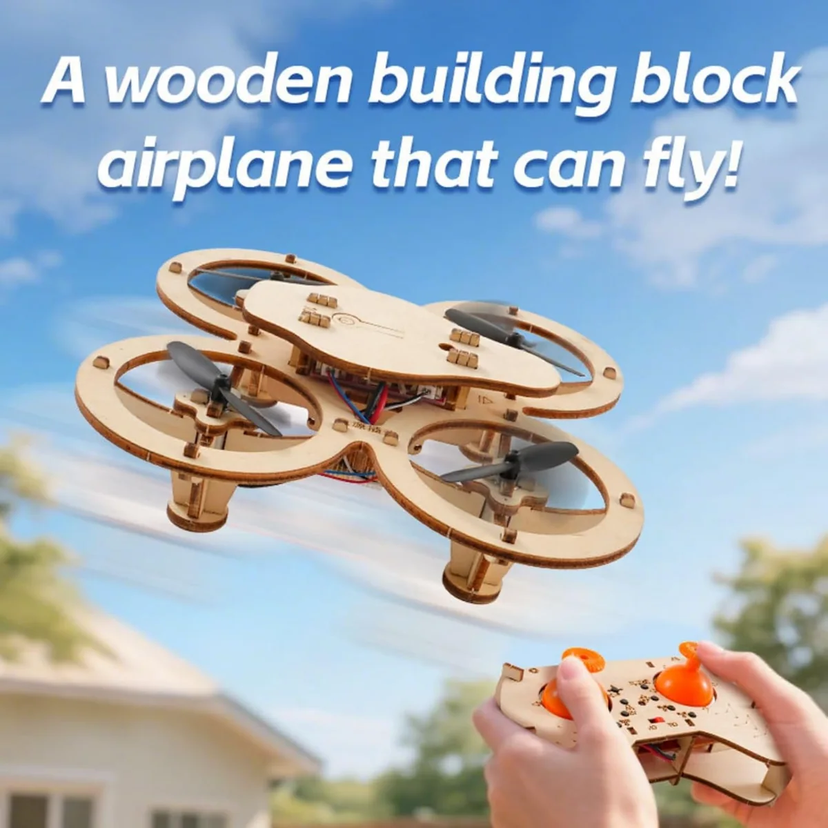 Wooden DIY quadcopter in flight with its matching remote controller