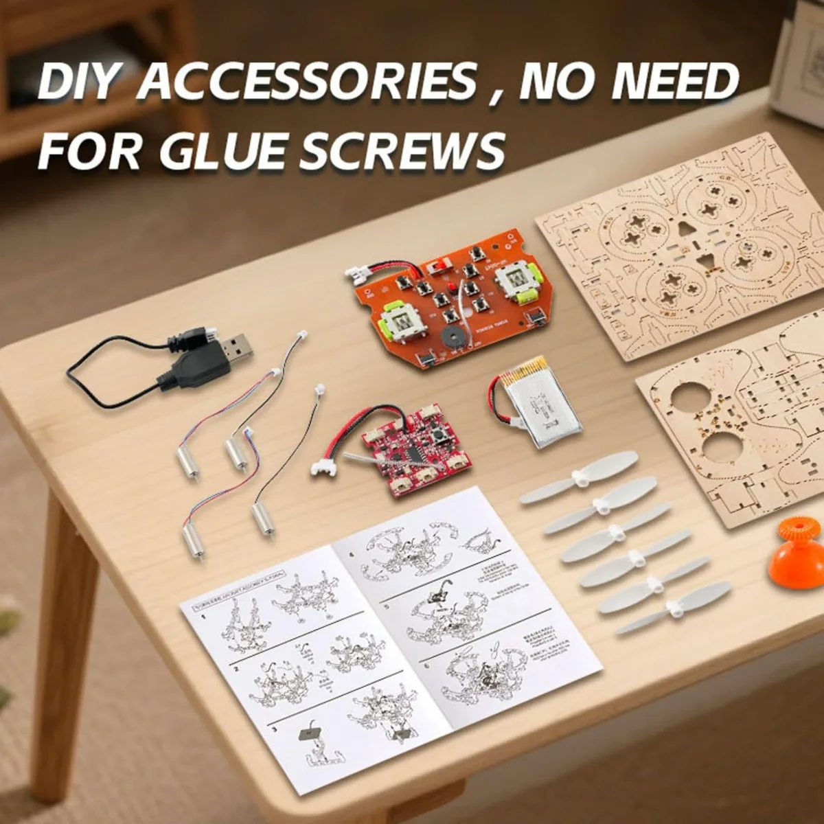 Precision-cut wooden drone panels, electronics, motors and propellers prepared for assembly